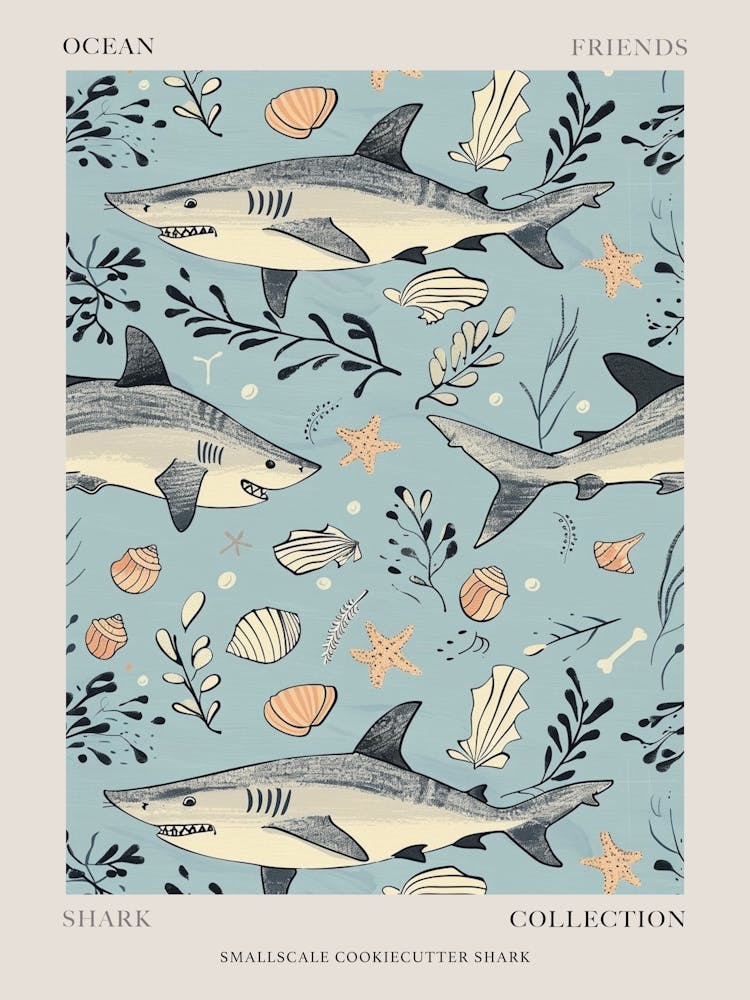 Pastel Blue Smallscale Cookiecutter Shark Watercolour Seascape Pattern 1 Poster