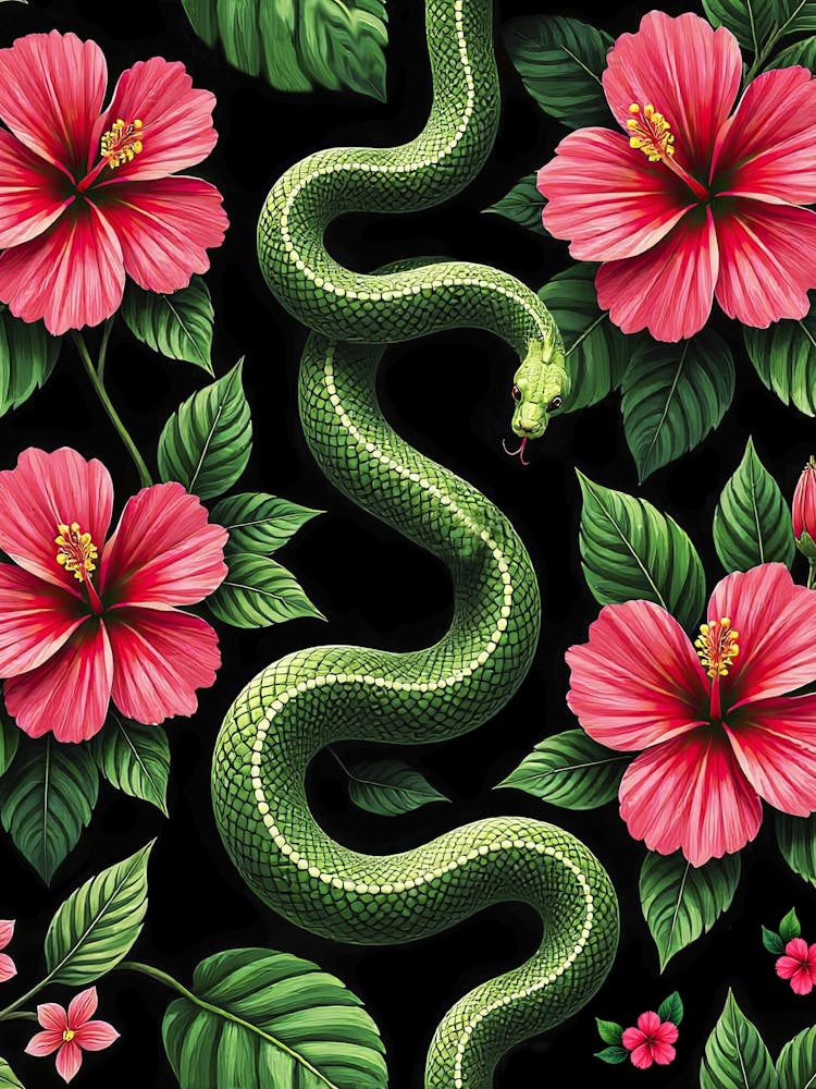 Tropical snakes and flowers - Chinese New Year 2025, seamless floral art poster 1