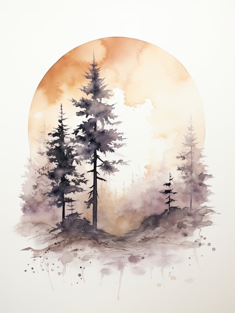 Watercolour Of A The Woods With A Moon 1