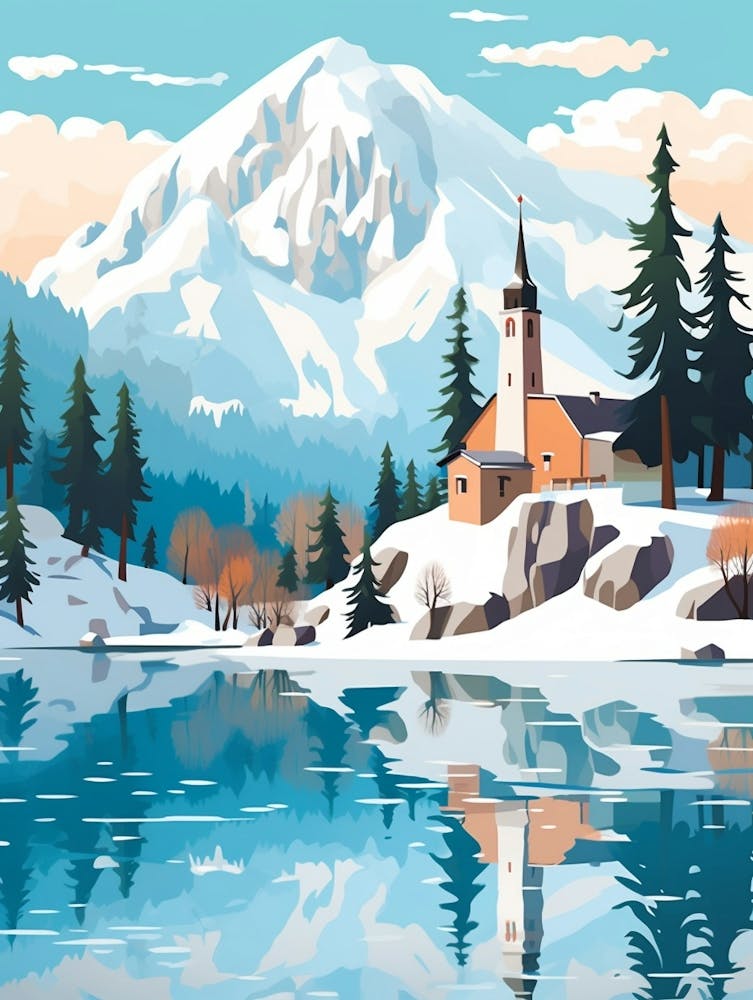 Retro Winter Illustration Lake Bled Slovenia 2