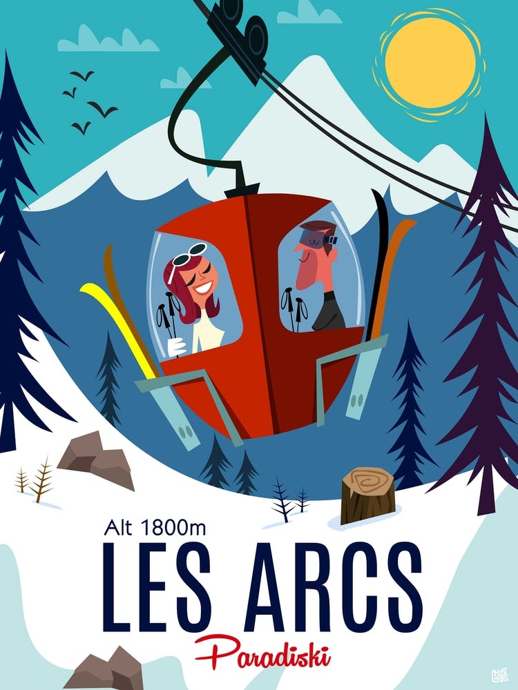 Les Arcs Cable Car Poster Blue & White