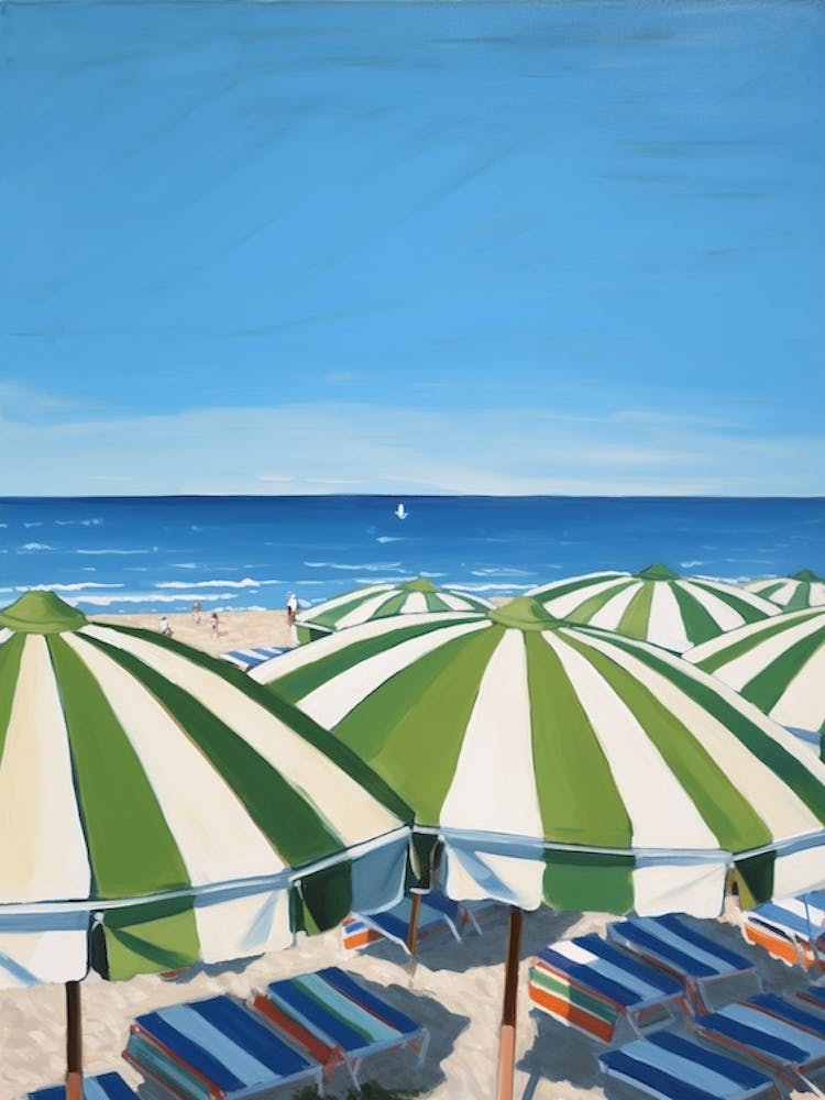 Striped Green And White Beach Umbrellas In Italy