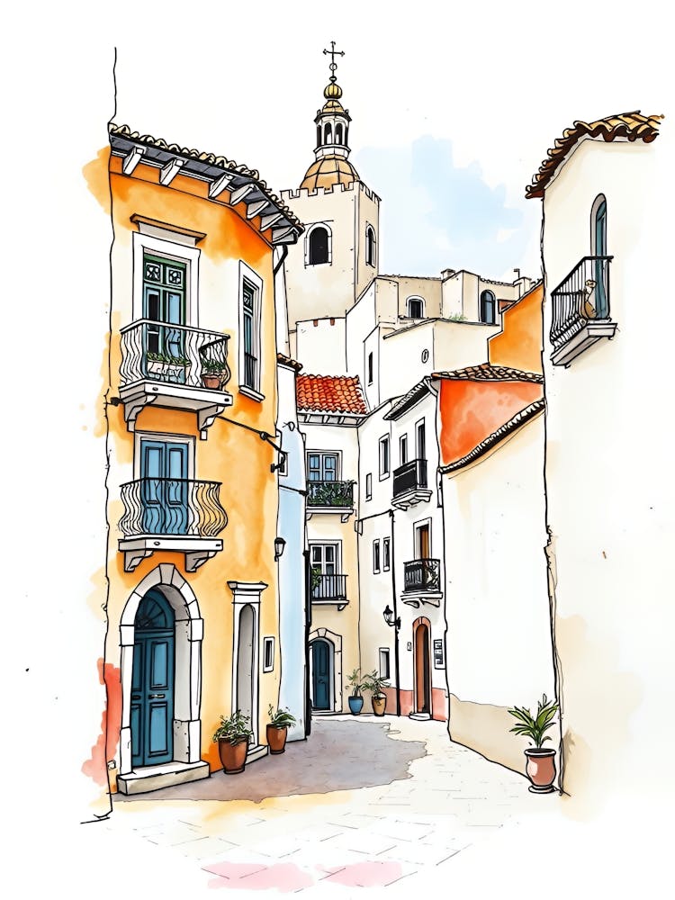 Watercolor Sketch Of A Street In Spain