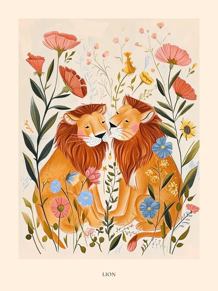 Folksy Floral Animal Drawing Lion Poster