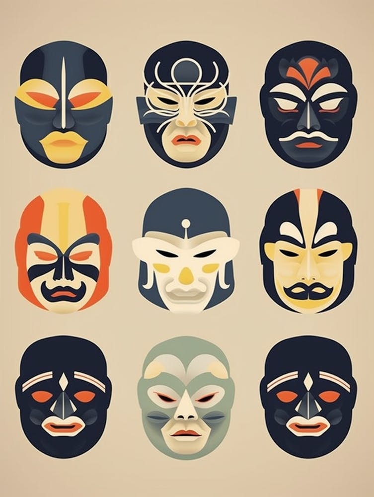 Noh Masks Japanese Style Illustration 24