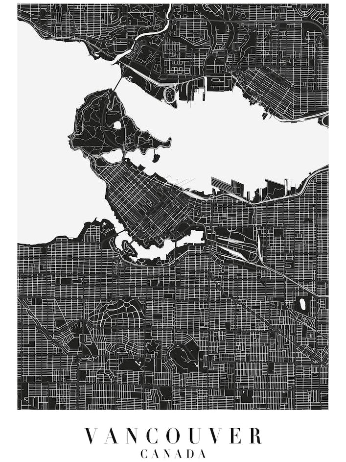 Vancouver Canada Minimal Black Mono Street Map 