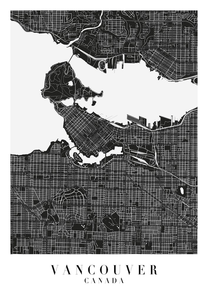 Vancouver Canada Minimal Black Mono Street Map