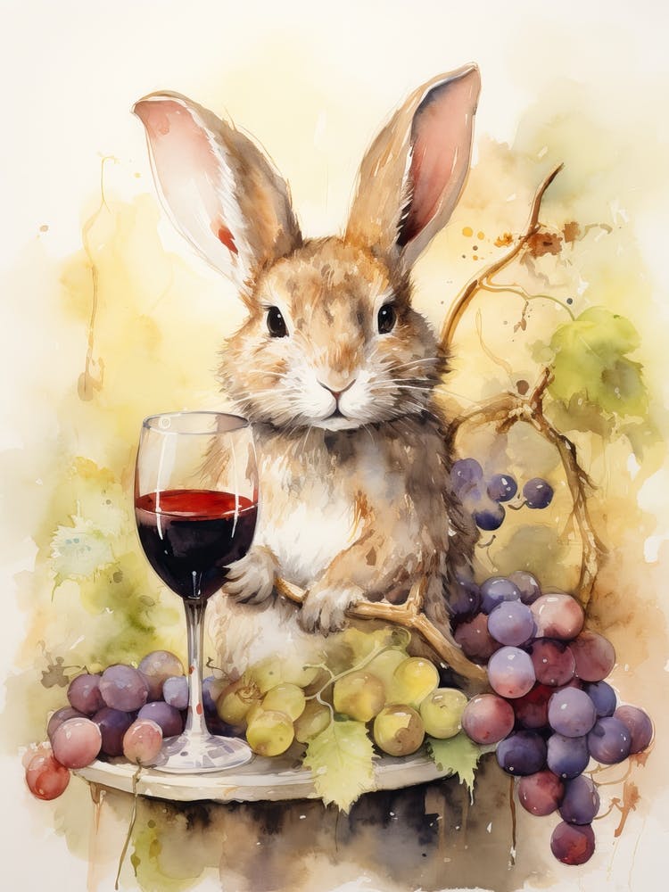 Bunny Tasting Wine Rabbit Prints Watercolour 1