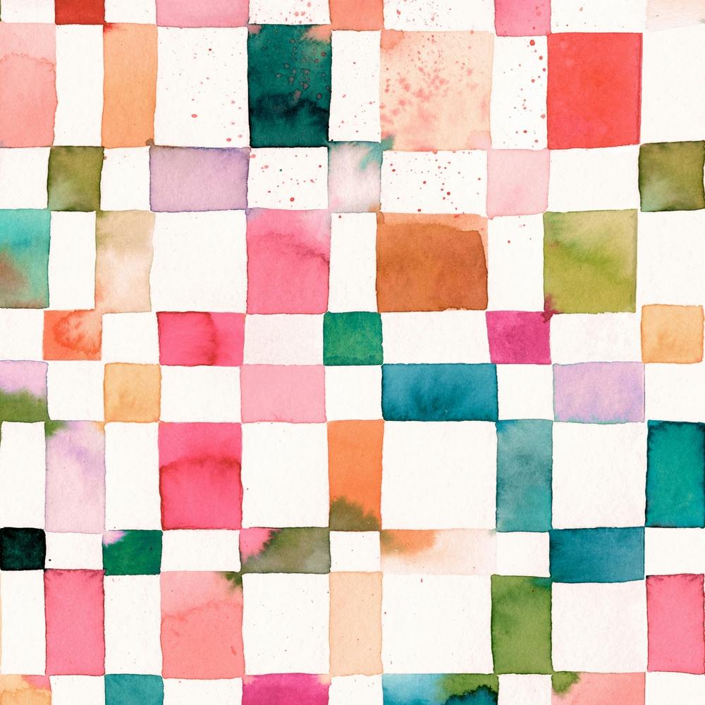Watercolor Checker Orange Green Square