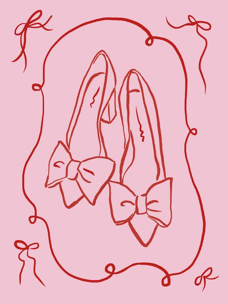 Shoes With Bows. Whimsical Pink with Red Line Art. Coquette