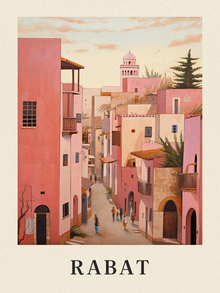 Rabat Marokko 3 Vintage Rosa Reise-Illustration Poster