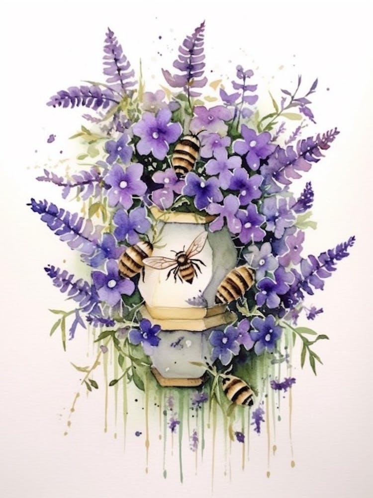 Beehive With Statice Watercolour Illustration 2