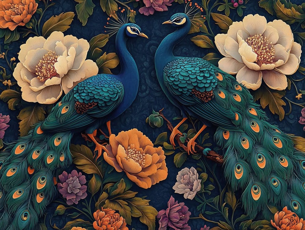 Peacocks And Flowers