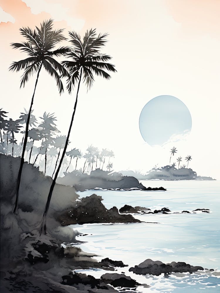 Watercolour Of Twai Anapanapa Black Sand Beach   Maui Hawaii Usa 3