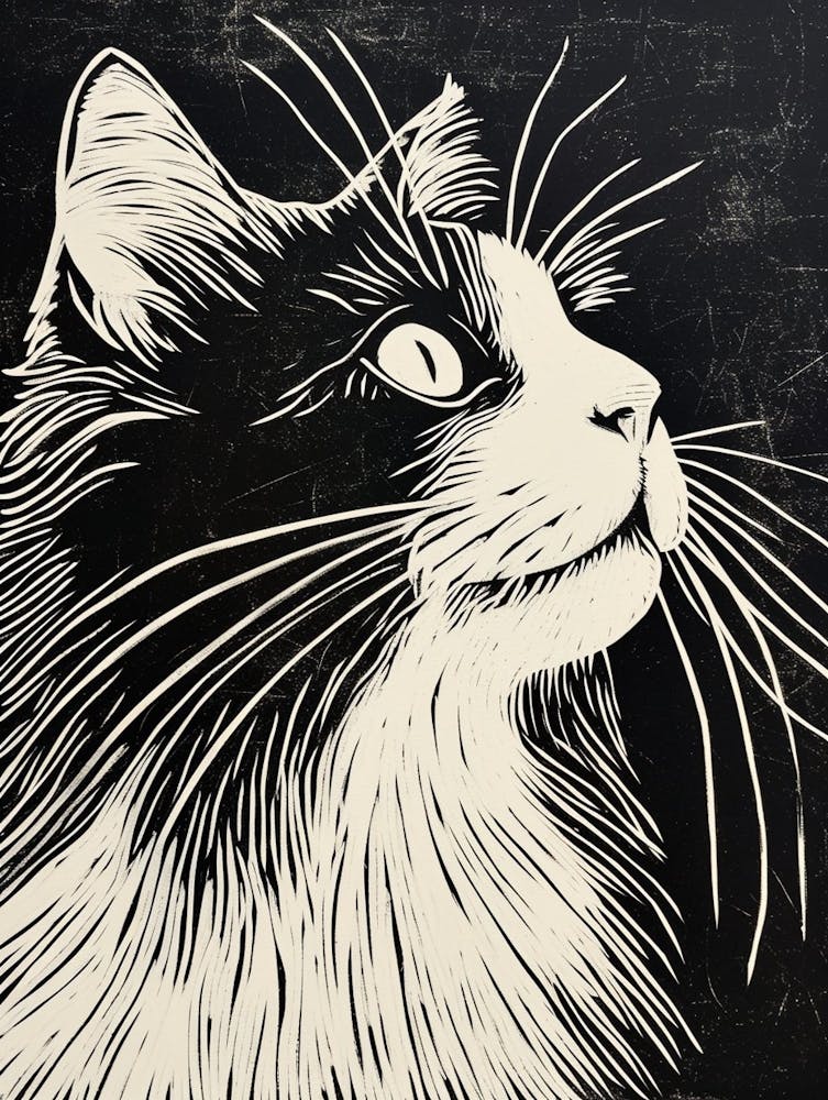 Norwegian Forest Cat Linocut Blockprint 8