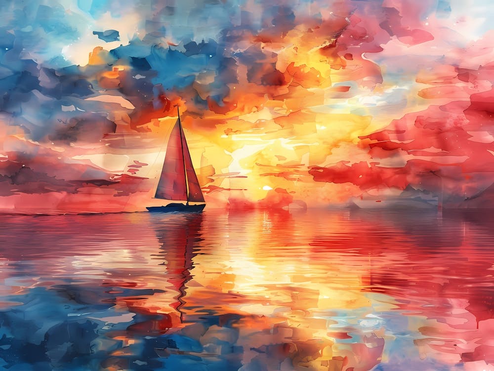 Watercolor Sailboat At Sunset 17