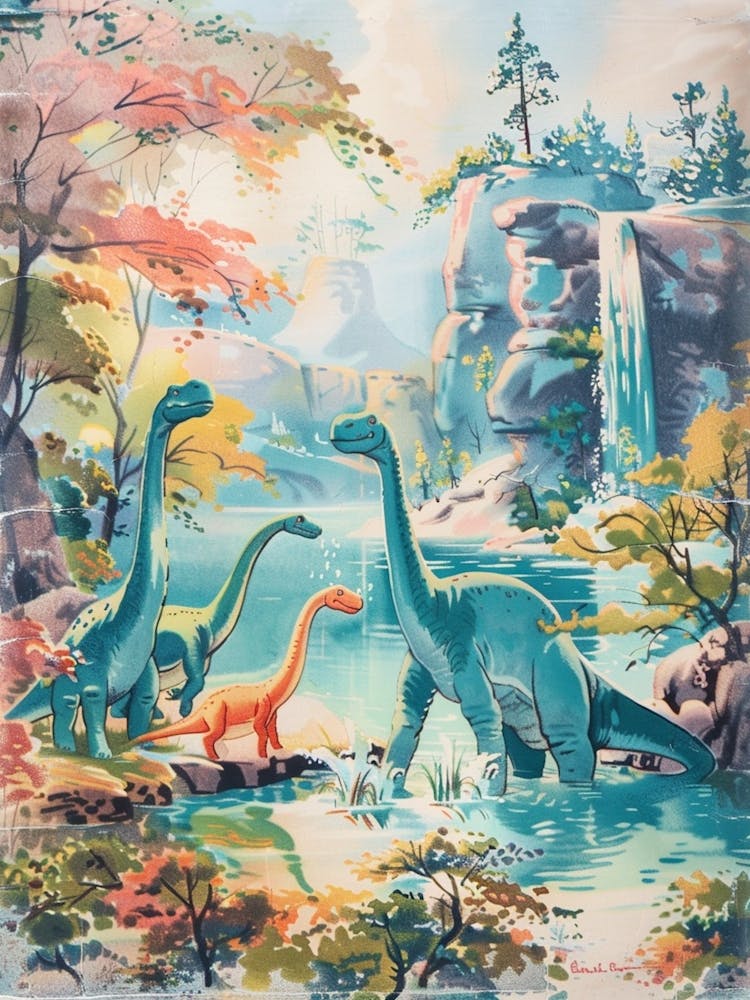 Brachiosaurus Family Bathing In The River Storybook Painting 1