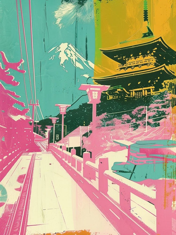 Japanese Mountain Scene Silkscreen Duotone