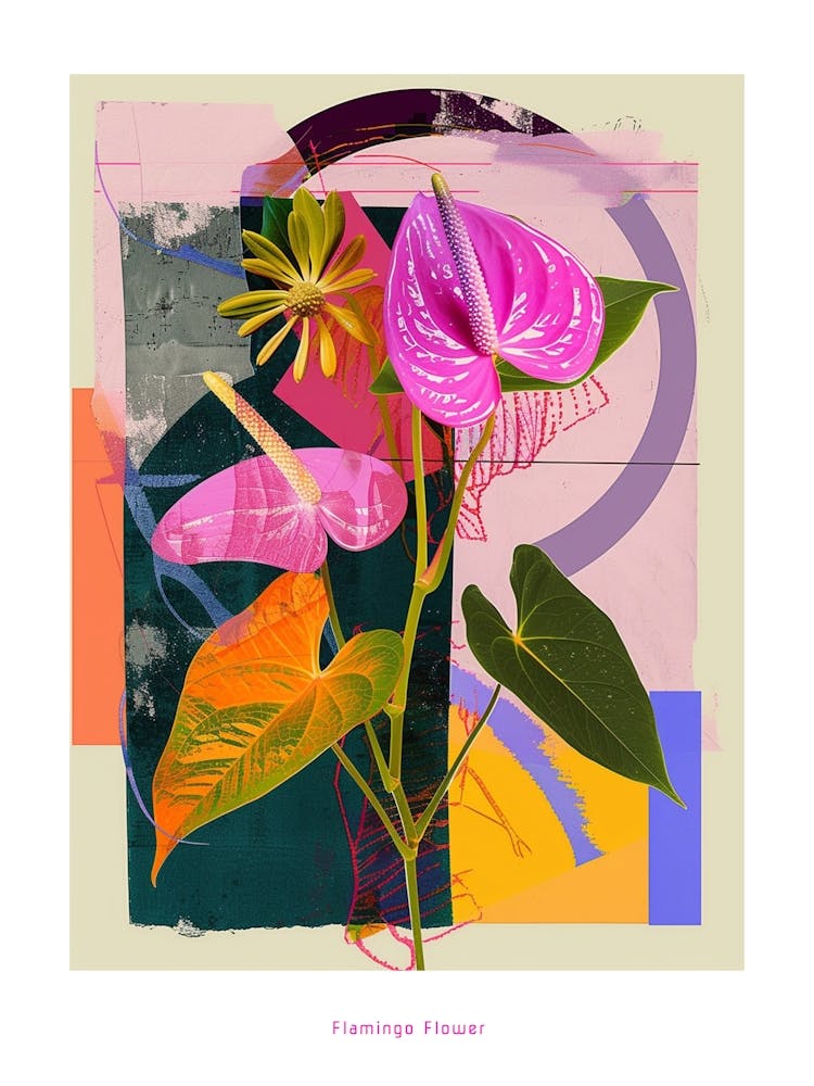 Flamingo Flower (Anthurium) 3 Neon Flower Collage Poster