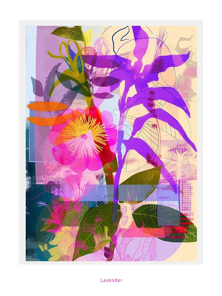Lavender 4 Neon Flower Collage Poster