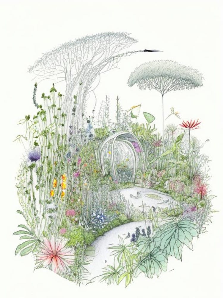 Garden Of Cosmic Speculation, United Kingdom Vintage Pencil Drawing
