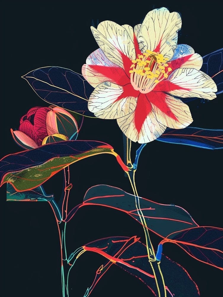 Neon Flowers On Black Camellia 3