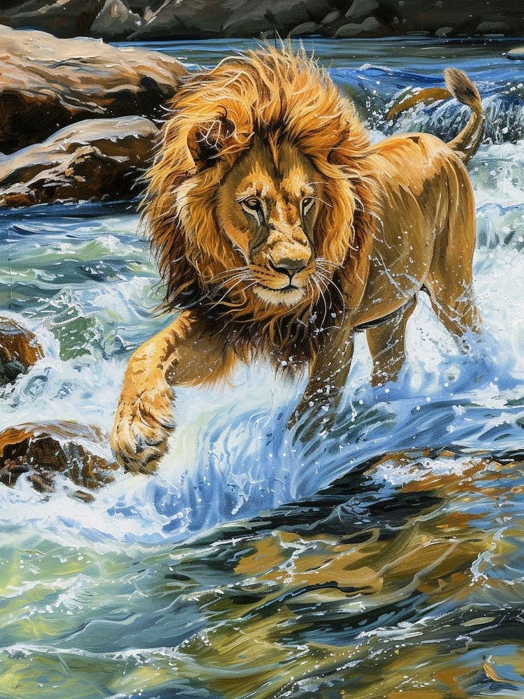 Barbary Lion Crossing A River Acrylic Painting 1