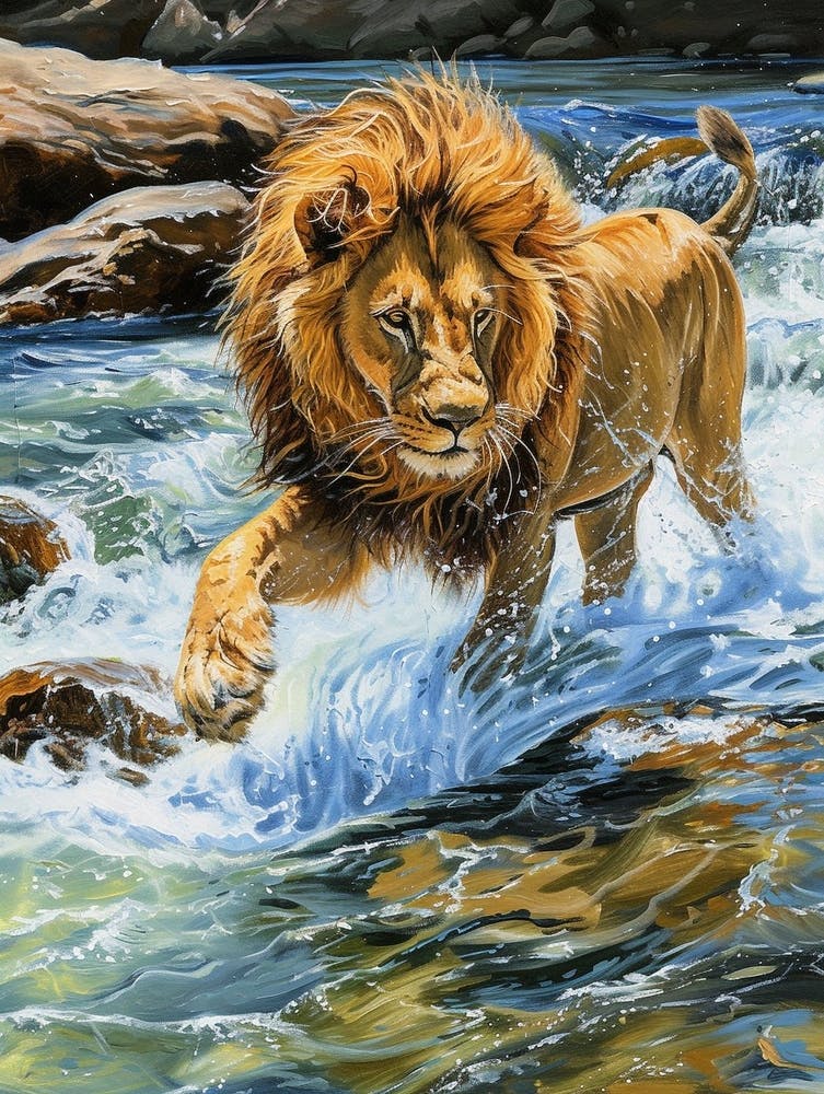 Barbary Lion Crossing A River Acrylic Painting 1