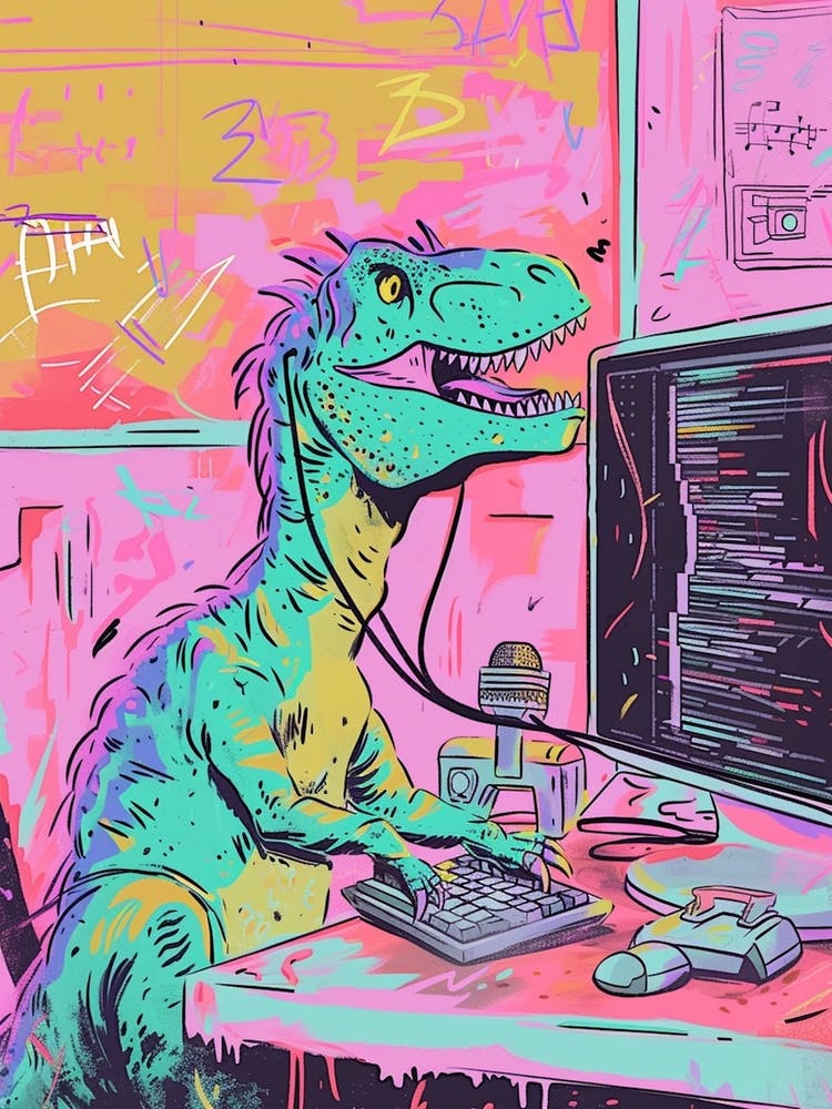 Dinosaur On The Computer Pastel Illustration