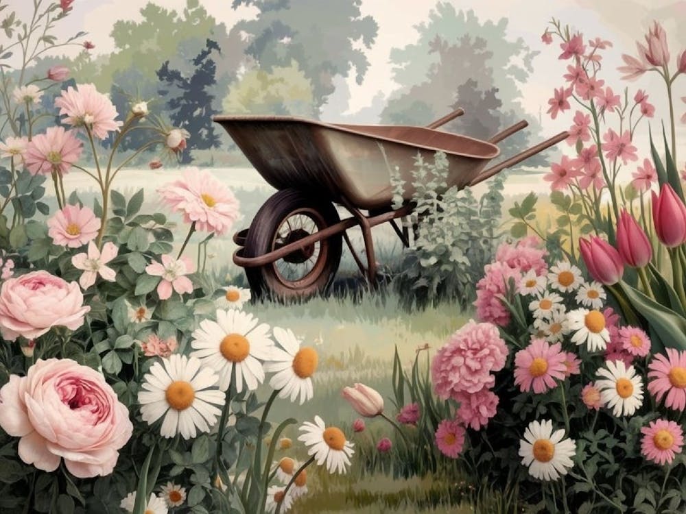 Romantic Garden Scene Wheelbarrow Among Pink Roses & Daisies Painting