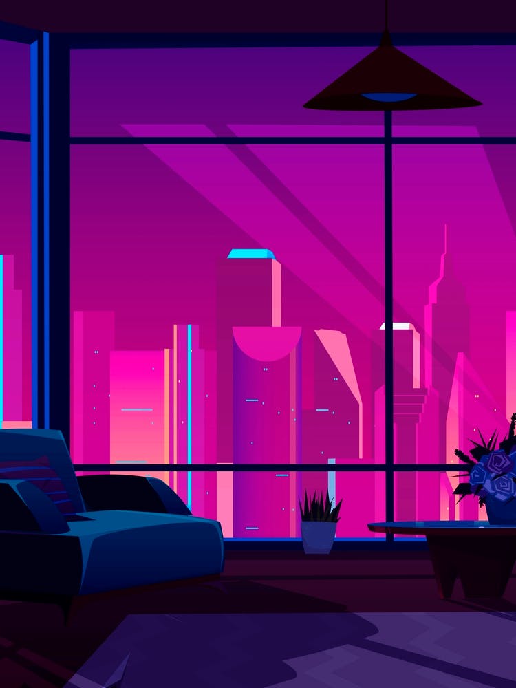 Modern Living Room - synthwave neon poster