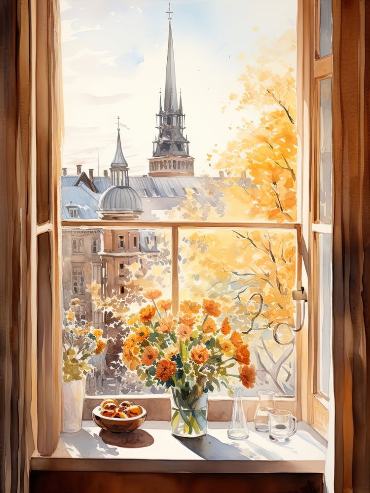 Window View Of Copenhagen Denmark In Autumn Fall, Watercolour 2