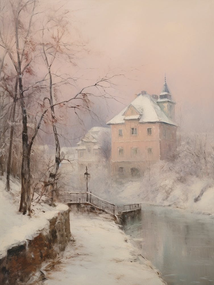 Dreamy Winter Painting Cesky Krumloy Czech Republic 1