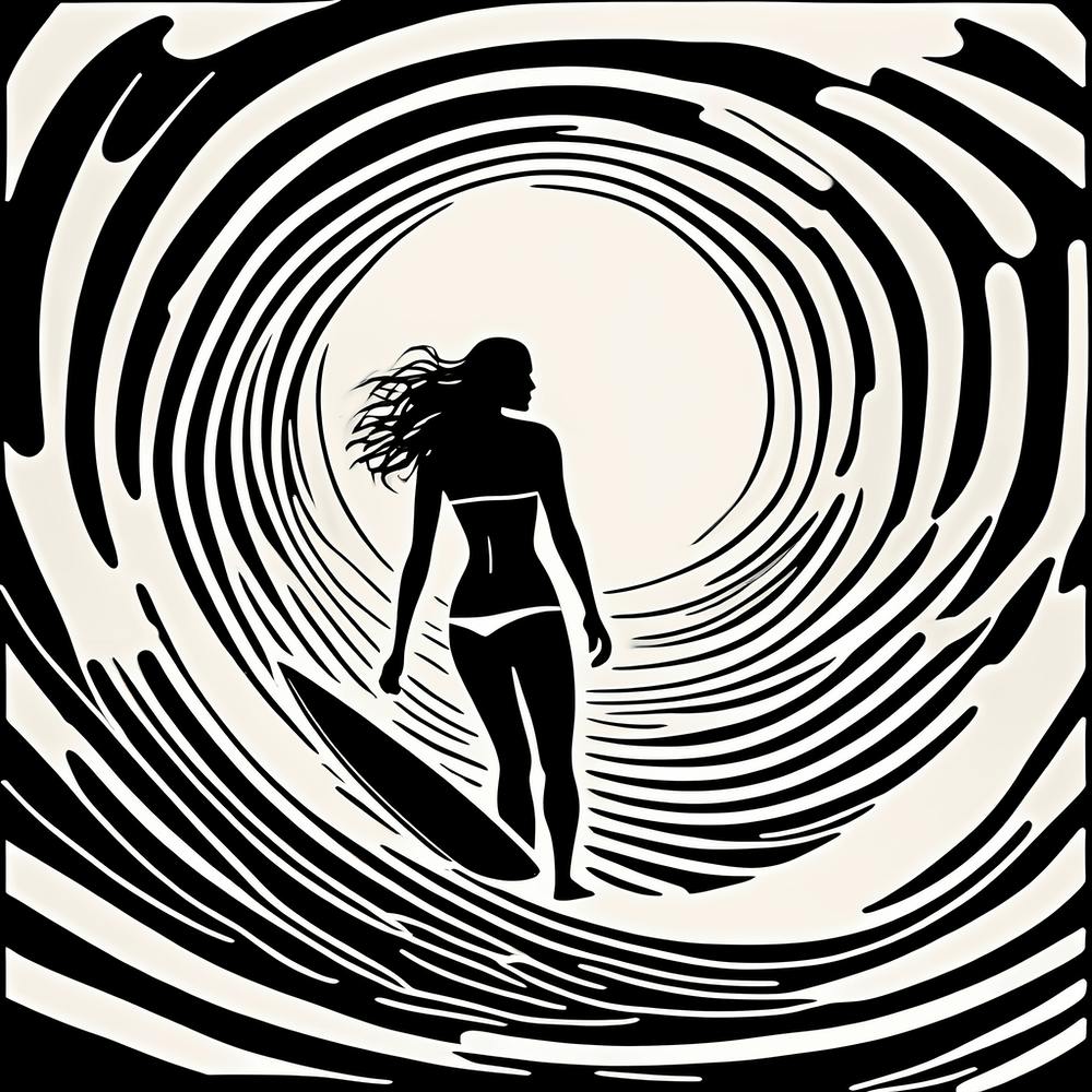 Linocut Black And White Surfer Girl On A Wave art, surfing art