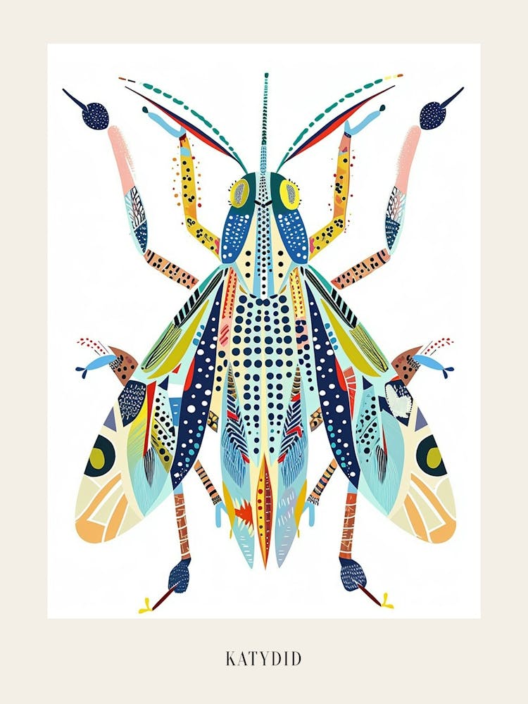 Colourful Insect Illustration Katydid 4 Poster