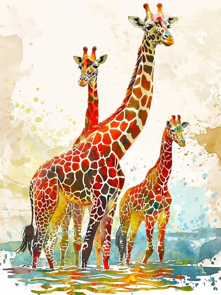 Troupeau de Girafes Dans l'Eau Aquarelle 2