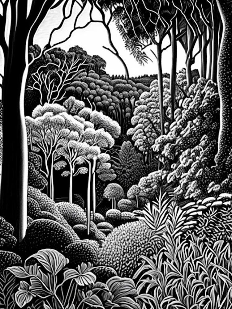 Adelaide Hills  Mount Lofty Botanic Garden, Australia Linocut Black And White Vintage