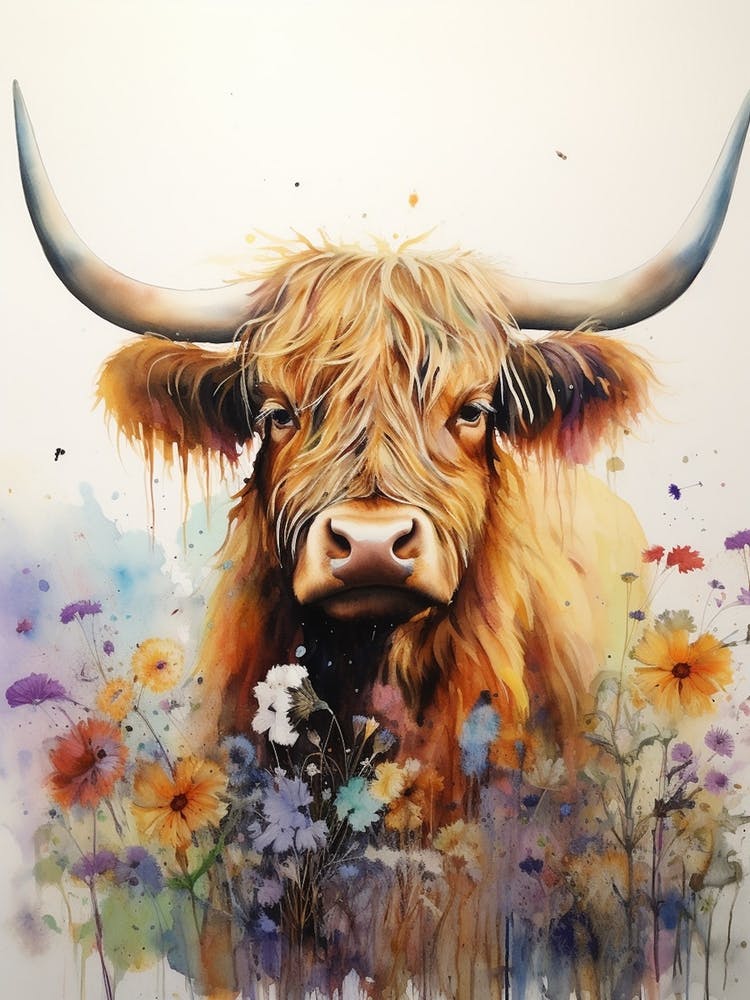 Colourful Paint Splash Of Highland Cow In Wildflower Field