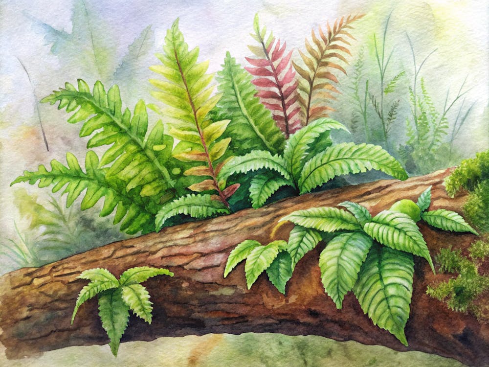 2 Exotic Tropical Ferns Growing On Mossy Logs