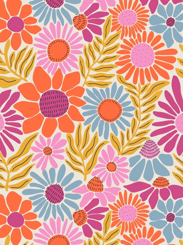 Abstract Flower Garden Flowy Bright Multicolor Florals on White