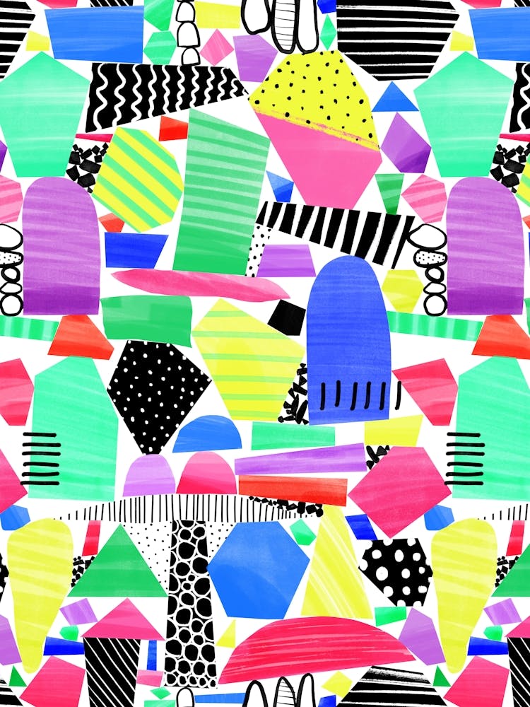 Retro Neon Rainbow Paper Cut Out and Doodle Mod Art Collage