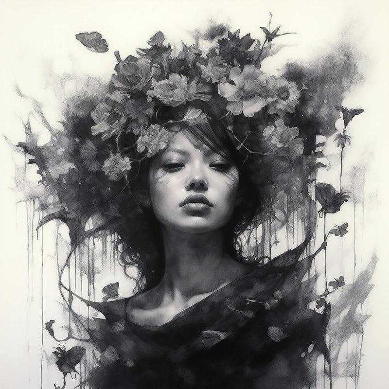 Witch & Flowers Ink Painting