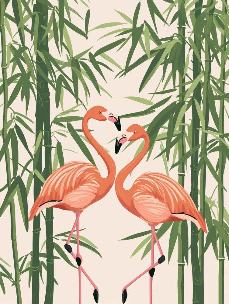 Lesser Flamingo And Bamboo Minimalist Illustration 1