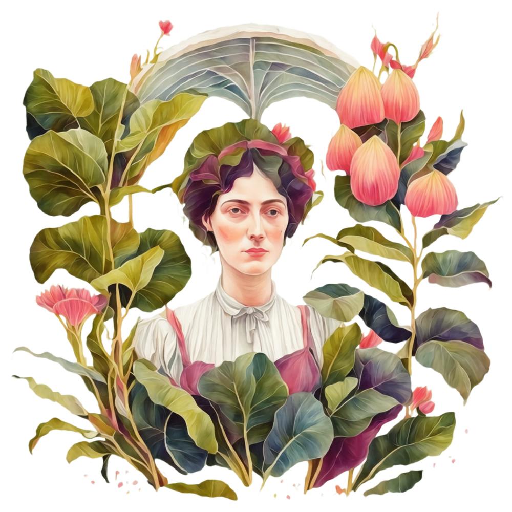 Artistic Representation of a Woman with Umbrella in a Garden
