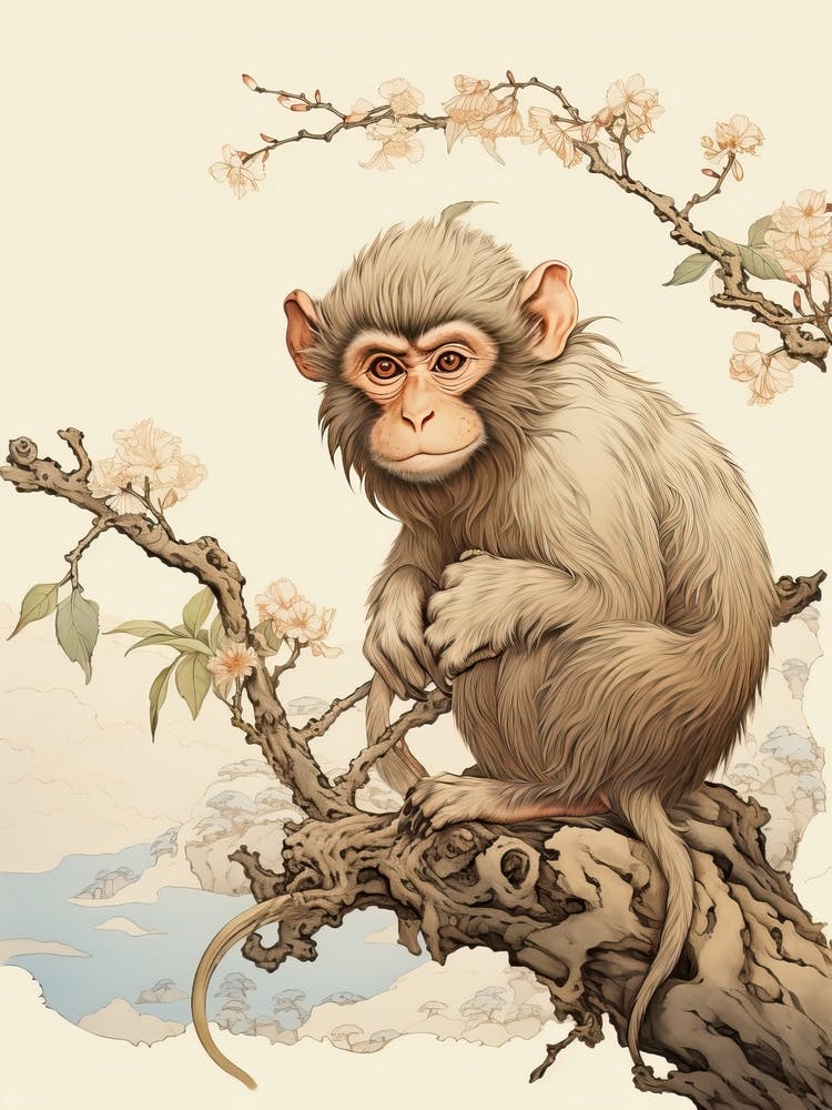 Monkey Animal Drawing In The Style Of Ukiyo E 2
