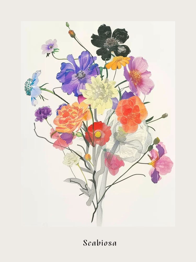 Scabiosa 2 Collage Flower Bouquet Poster