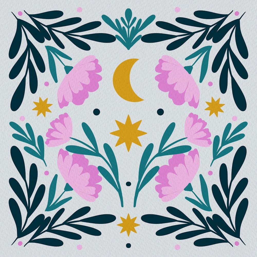 Stars Moon And Flowers - pink and turquoise