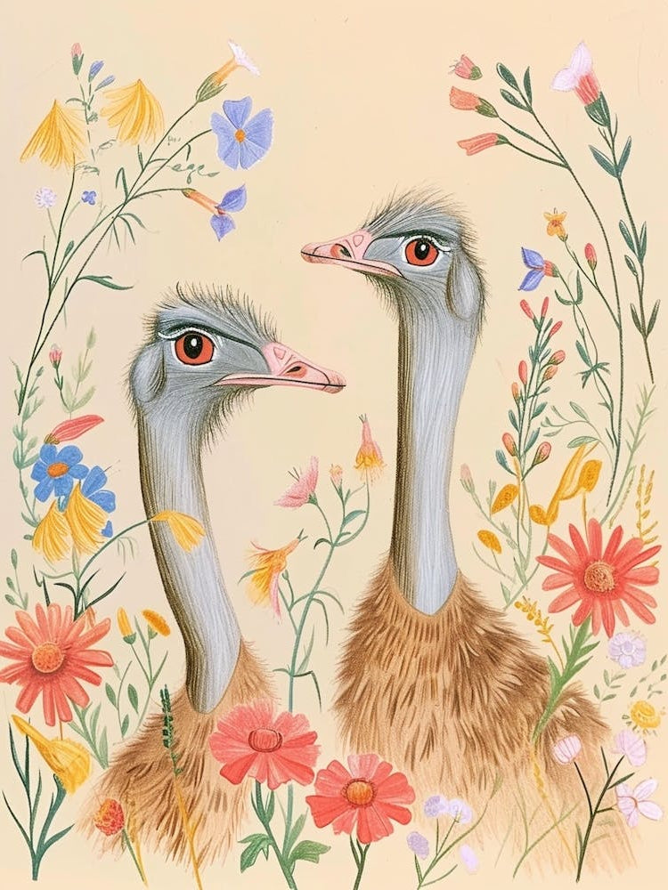 Folksy Floral Animal Drawing Emu