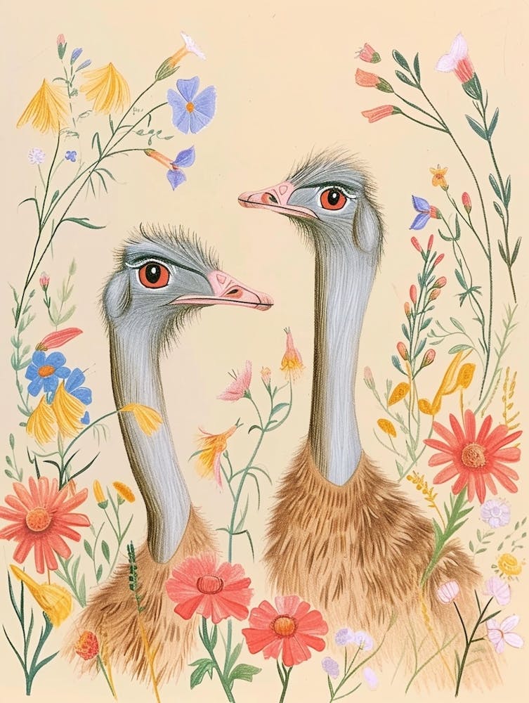 Folksy Floral Animal Drawing Emu