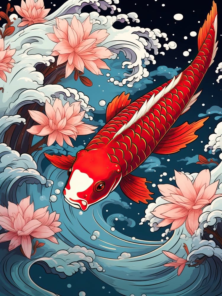 Koi Fish Animal Drawing In The Style Of Ukiyo E 4